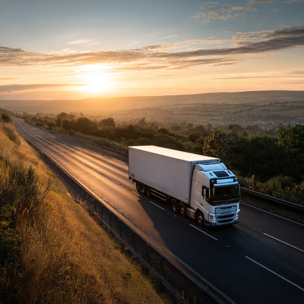 UK articulated lorry on motorway providing nationwide road freight services