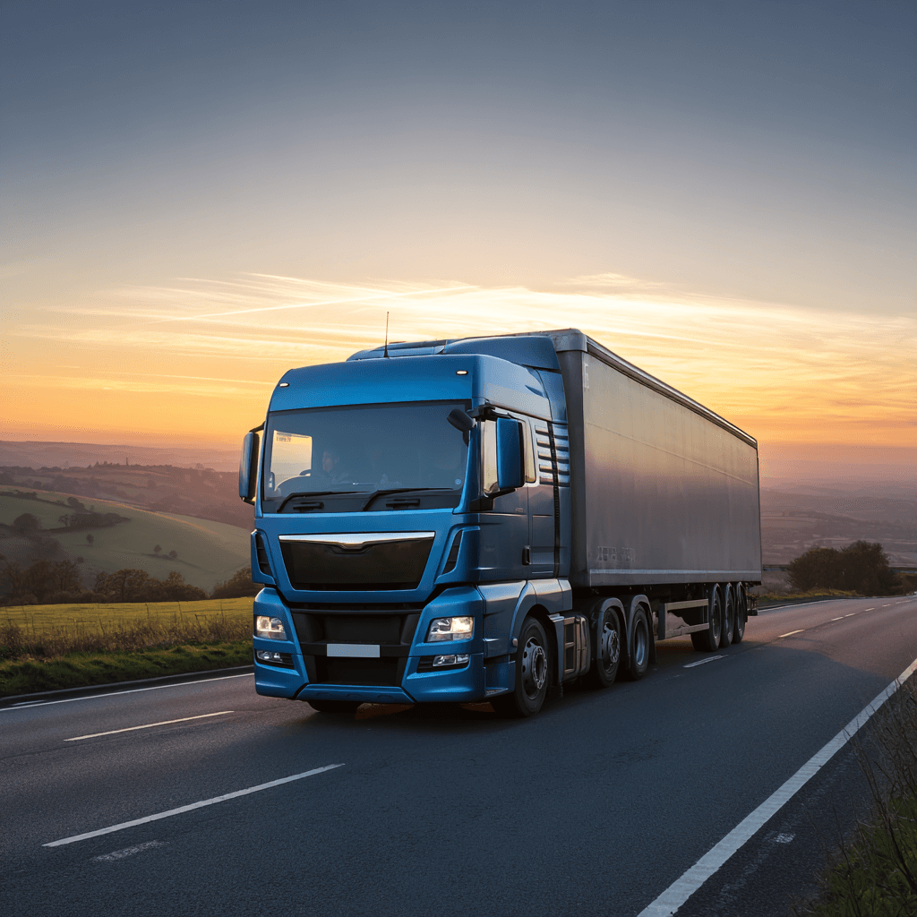 Blue articulated lorry driving on UK motorway for AAA Transport road freight service