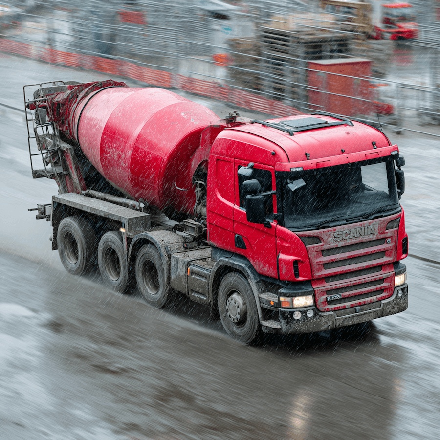 Concrete delivery lorry driving through rural road near Birmingham