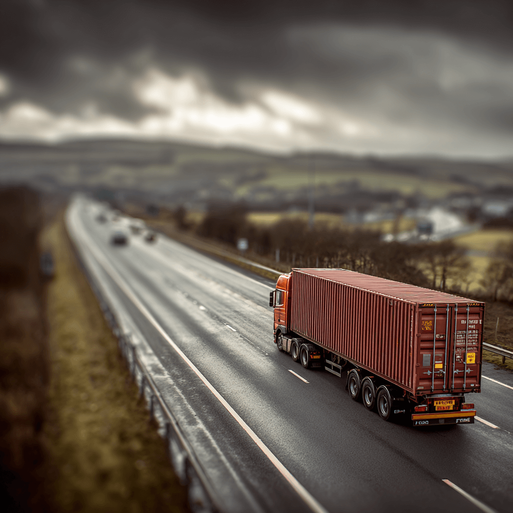 Articulated lorry transporting 40ft container on UK motorway for national delivery