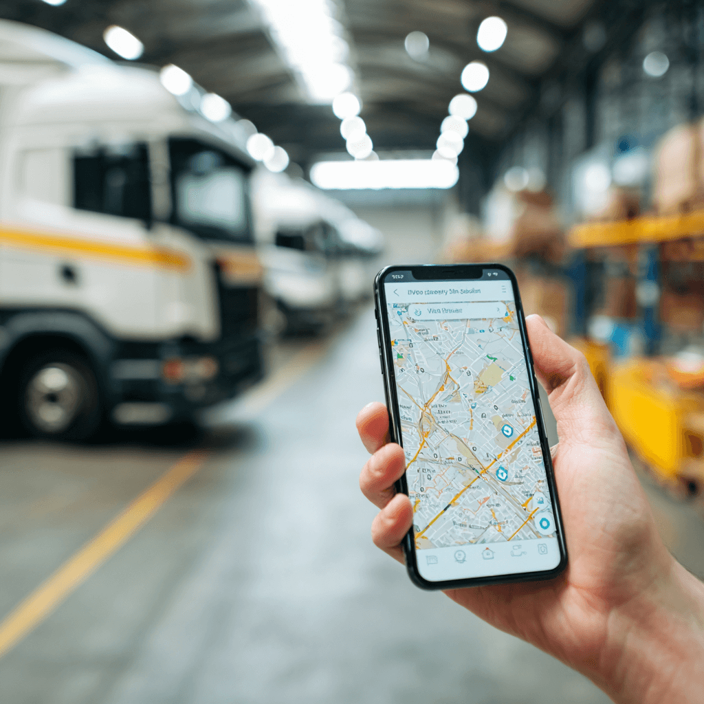 Mobile phone showing live delivery tracking for UK road freight service