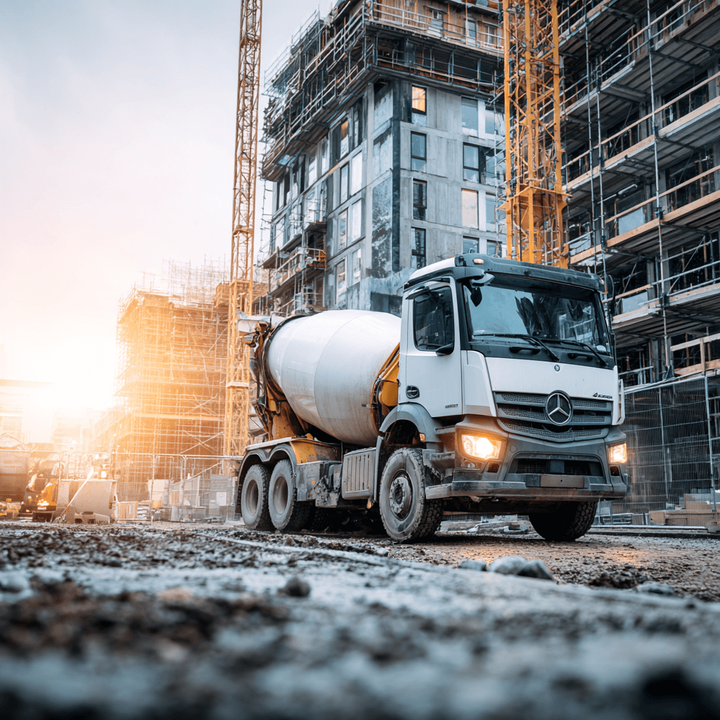 Concrete delivery vehicle unloading on time at birmingham UK urban construction site