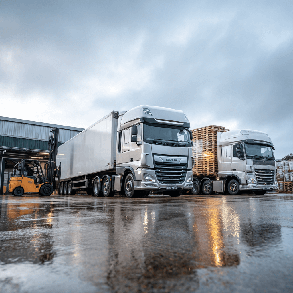 Lorries being loaded at UK depot for part load and full load road haulage