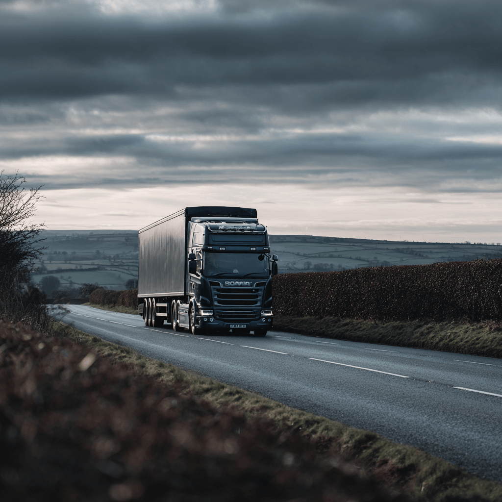 UK articulated lorry on rural road providing nationwide freight delivery